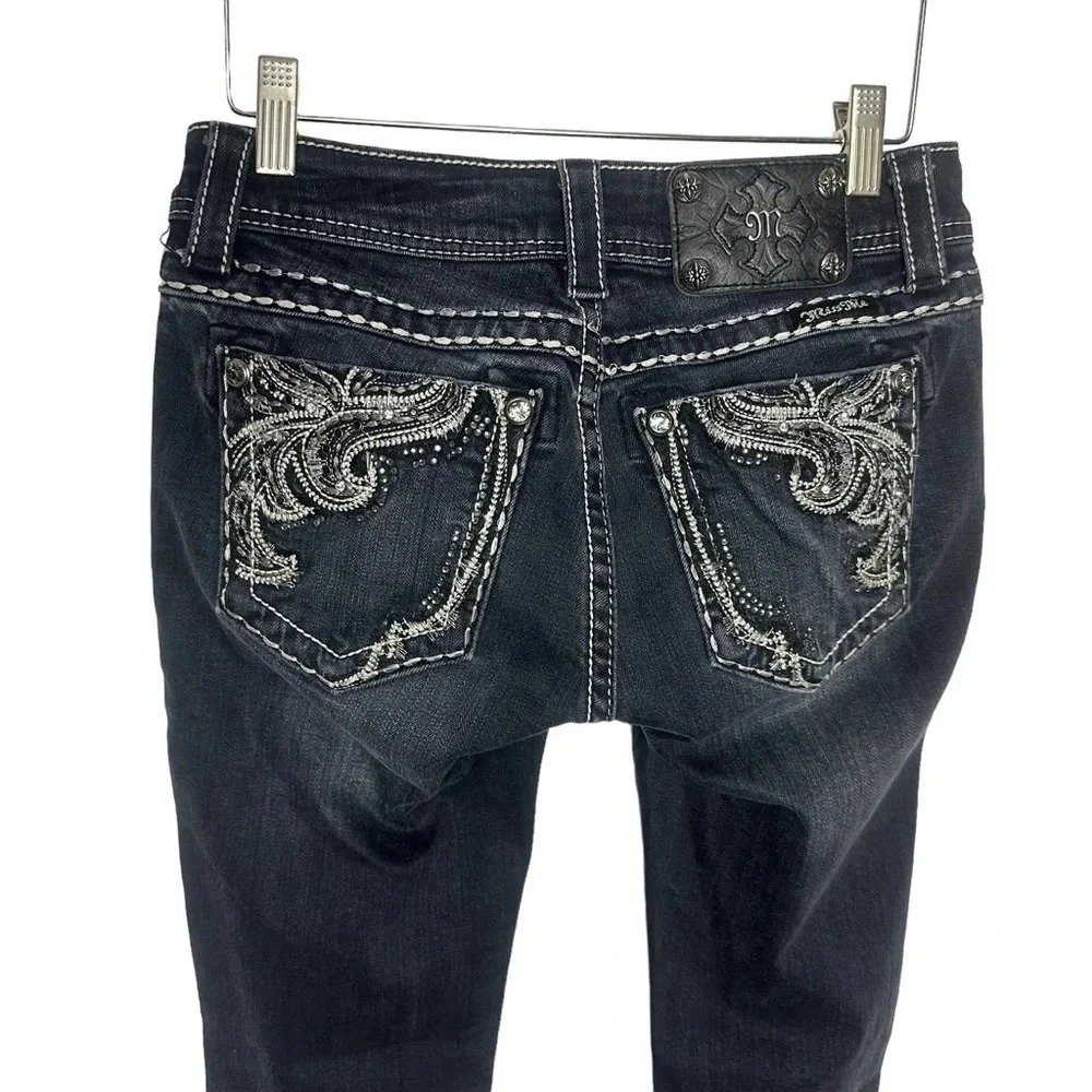 Miss Me‎ Skinny Jeans 26 Dark Wash Embellished Rhinestone Buckle Exclusive Y2K